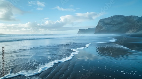 Icy blue waves crashing on a winter morning at Piha beach