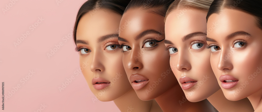 Diverse group of women smiling with flowers in hair on pink background Diverse group of women smiling with flowers in hair on pink background