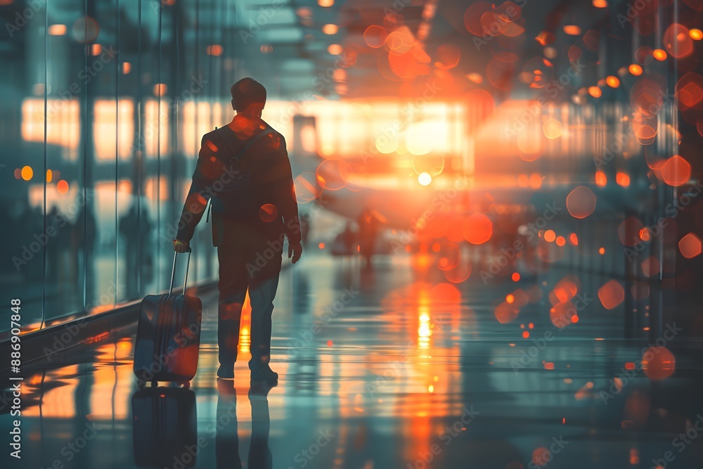 Traveler Walking Through a Vibrant Airport Terminal at Sunset Traveler Walking Through a Vibrant Airport Terminal at Sunset