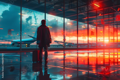 Traveler at Airport Terminal During Vibrant Sunset