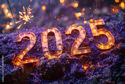 happy new year 2025 background new year holidays card with bright lights,gifts and bottle of hampagne photo