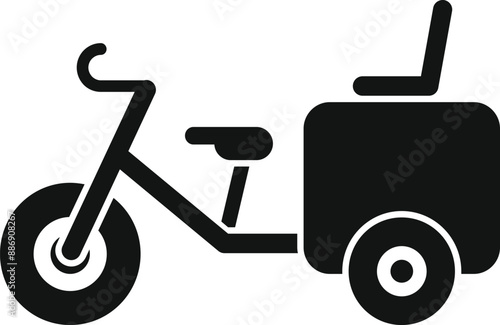 Black silhouette of a delivery tricycle transporting a cargo box, symbolizing urban logistics and eco friendly delivery solutions