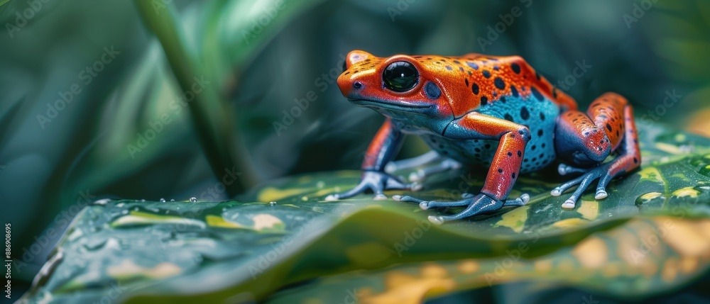 Vibrant Amazonian Poison Dart Frog Perched on Leaf in Lush Jungle Background Vibrant Amazonian Poison Dart Frog Perched on Leaf in Lush Jungle Background