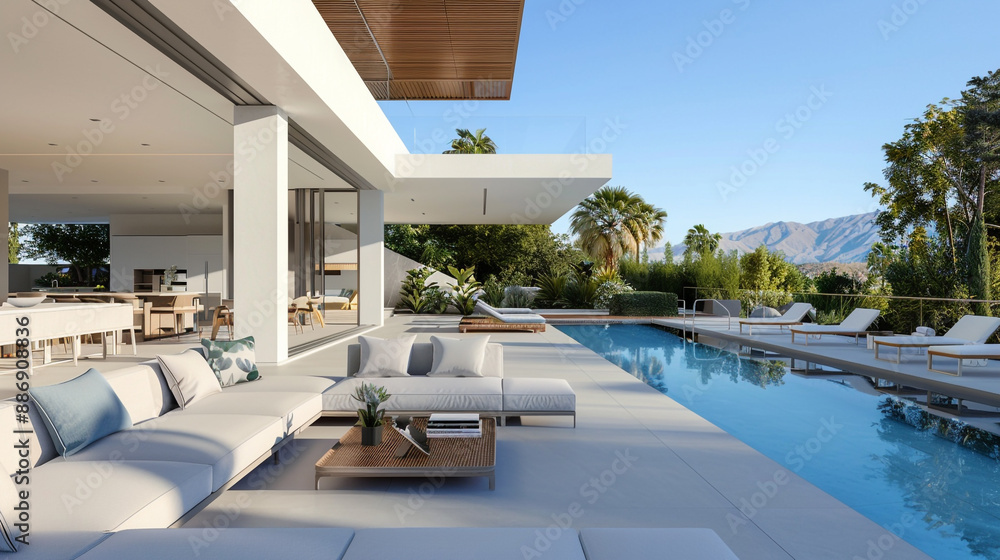 Fototapeta premium Modern villa featuring a spacious outdoor lounge and sleek pool area.