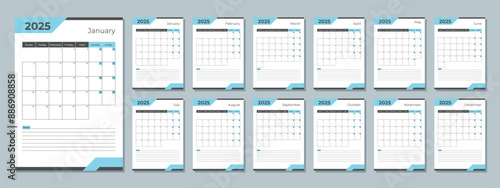 2025 calendar template. Corporate and business planner diary. The week starts on Monday. Set of 12 months pages.