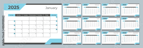 2025 calendar template. Corporate and business planner diary. The week starts on Sunday. Set of 12 months pages.