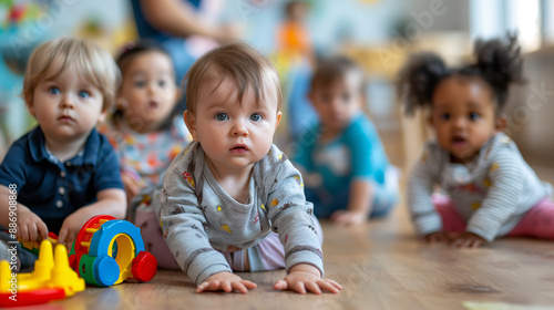 Group of Babies Crawling and Playing Indoors at Daycare