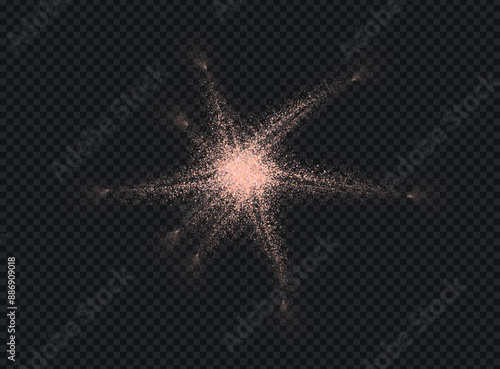 Salt or sugar crystal powder, flying dust particles. Pink dust grain texture isolated on dark background. Crushed granules of sand or himalayan salt in star form. Vector illustration of spilled powder