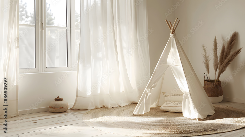 A white teepee is in a room with white curtains A white teepee is in a room with white curtains