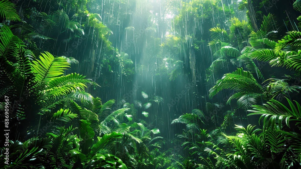 Tranquil Rain in Lush Forest - Serene Atmosphere with Droplets on Leaves for Nature Background with Copy Space Tranquil Rain in Lush Forest - Serene Atmosphere with Droplets on Leaves for Nature Background with Copy Space