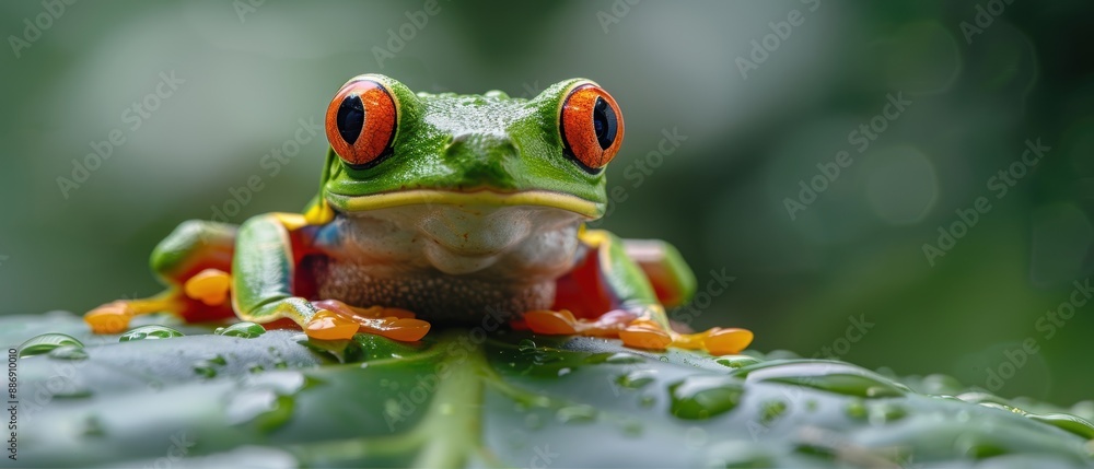 Naklejka premium Vibrant Red-eyed Tree Frog on Leaf Against Lush Amazon Jungle Backdrop