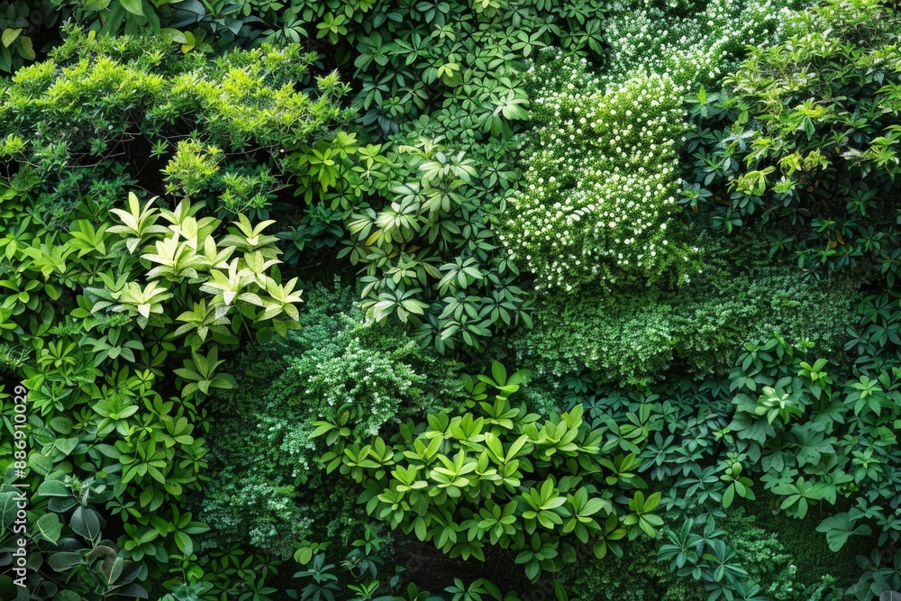 A picture of various green plants growing on the side of a wall, great for use in interior design or nature-themed articles A picture of various green plants growing on the side of a wall, great for use in interior design or nature-themed articles