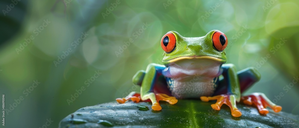 Vibrant Red-eyed Tree Frog Perched on Leaf Against Lush Amazon Jungle Backdrop Vibrant Red-eyed Tree Frog Perched on Leaf Against Lush Amazon Jungle Backdrop