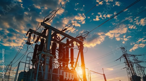 A transformer is a piece of equipment used to adjust voltage levels, typically found in high-voltage power stations. It's associated with high-voltage electric towers set against a sky background.