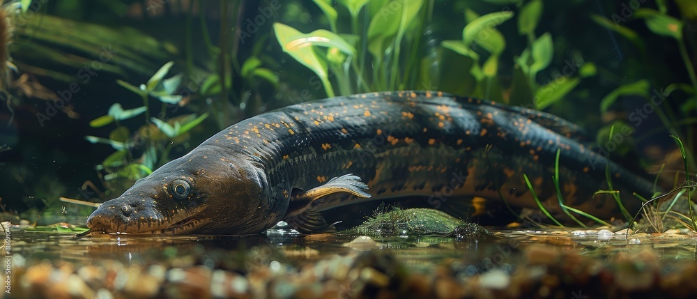 Majestic Electric Eel Gliding Among Aquatic Plants in the Clear Waters of the Amazon River Majestic Electric Eel Gliding Among Aquatic Plants in the Clear Waters of the Amazon River
