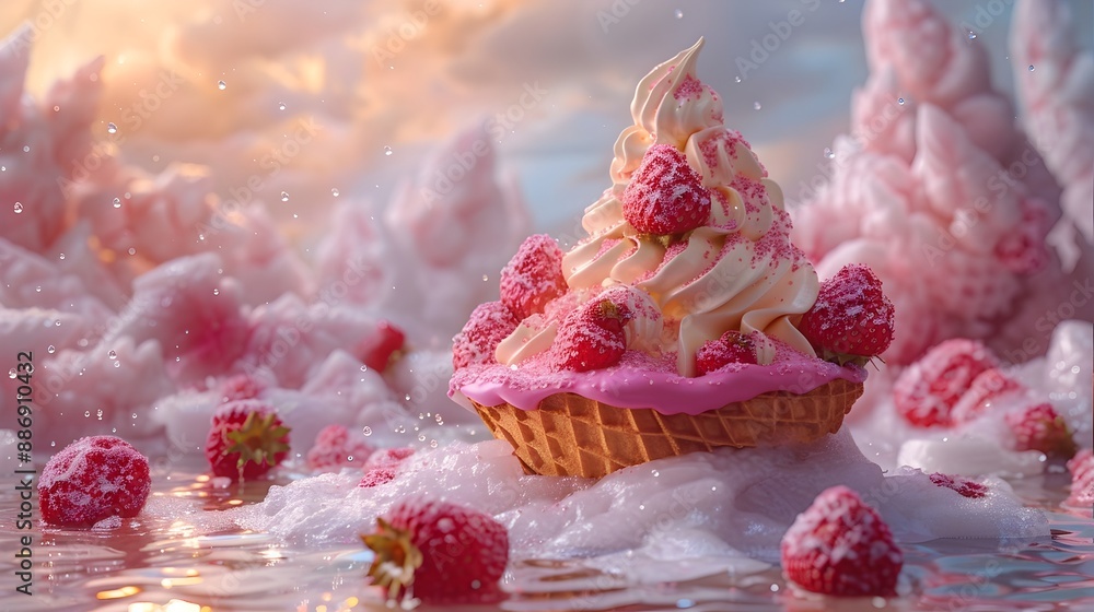 Delicious Vanilla and Strawberry Ice cream on frozen iceberg Surreal Fantasy Dream Concept Image Delicious Vanilla and Strawberry Ice cream on frozen iceberg Surreal Fantasy Dream Concept Image