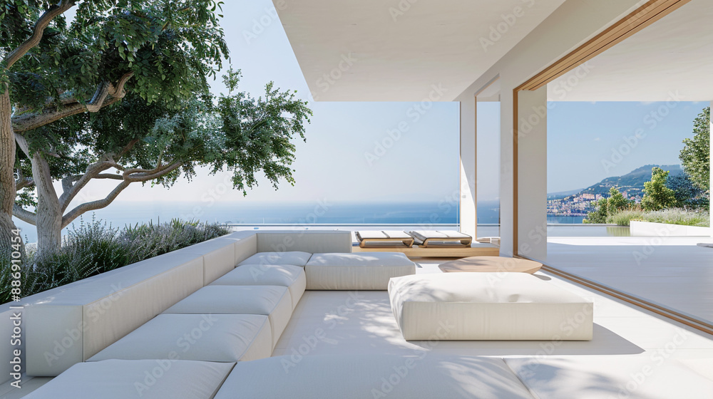Fototapeta premium Luxury villa featuring a minimalist design and panoramic views.
