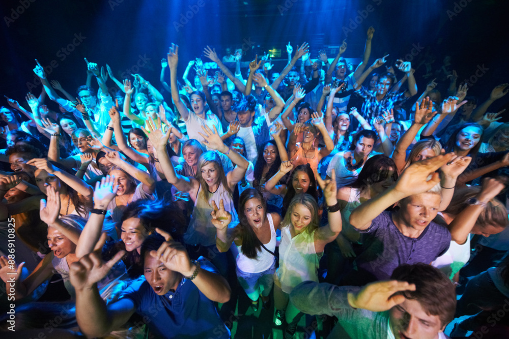 Fotografie Dance, music and party with audience at concert for rock, festival or disco with live band performance