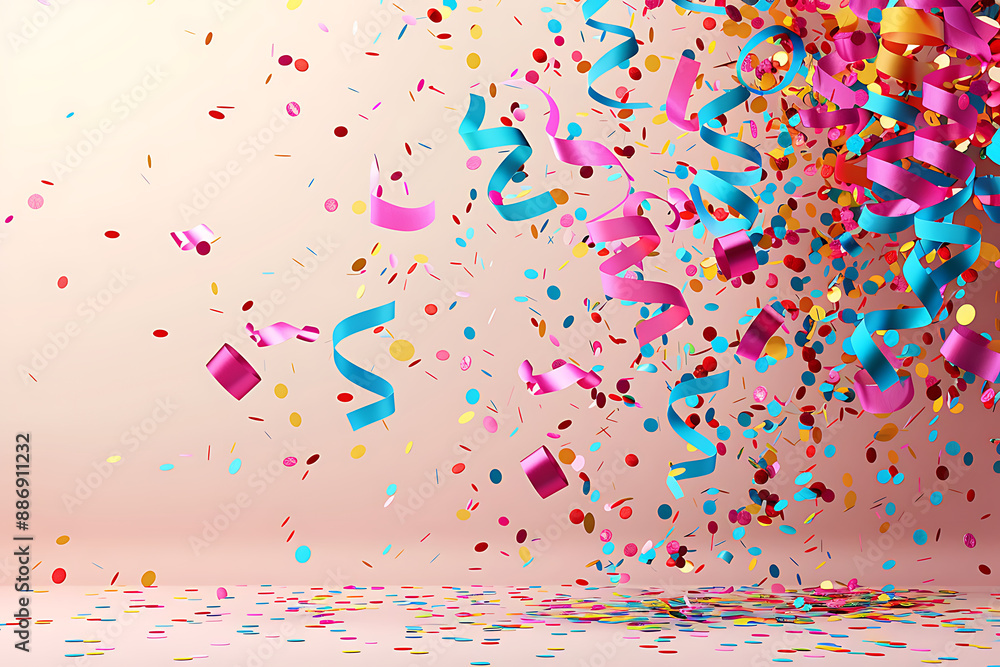 Fototapeta premium Colorful confetti and streamer on white background. Confetti background with Party poppers