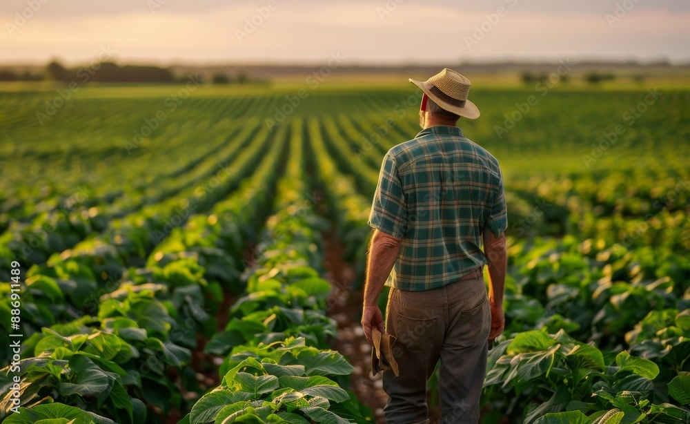 Fototapeta premium Farmer standing in a lush green field during sunset, inspecting his crops