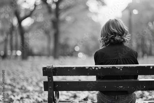 Young person sitting on bench in park contemplating life on autumn day
