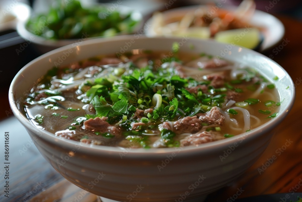 Pho with noodles and herbs floating in a savory burst Pho with noodles and herbs floating in a savory burst