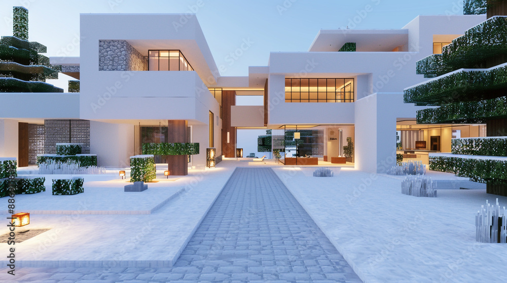Fototapeta premium Modern villa with sophisticated design and a spacious courtyard.