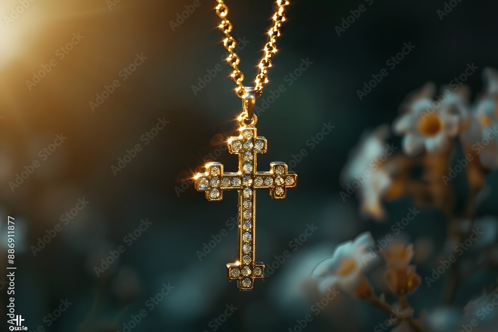 Elegant Gold Cross Pendant with Sparkling Diamonds in Soft Focus Elegant Gold Cross Pendant with Sparkling Diamonds in Soft Focus
