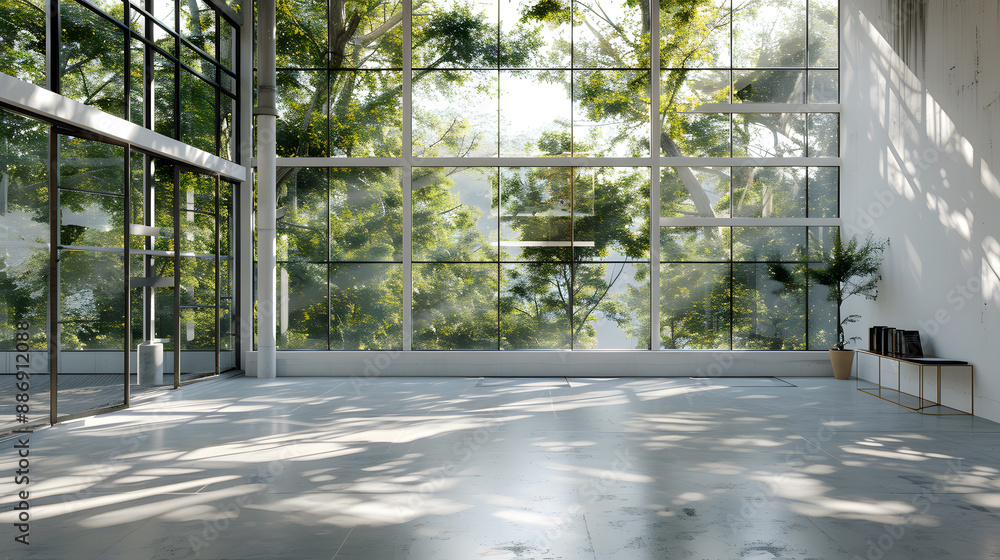 A large, empty room with a view of trees outside A large, empty room with a view of trees outside