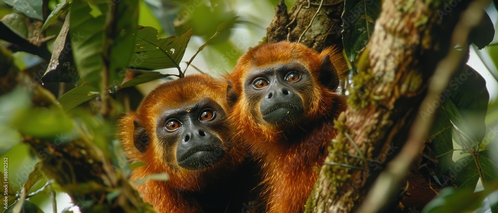 Obraz premium Tropical Encounter: Red Howler Monkeys Amid Lush Amazon Rainforest Canopy
