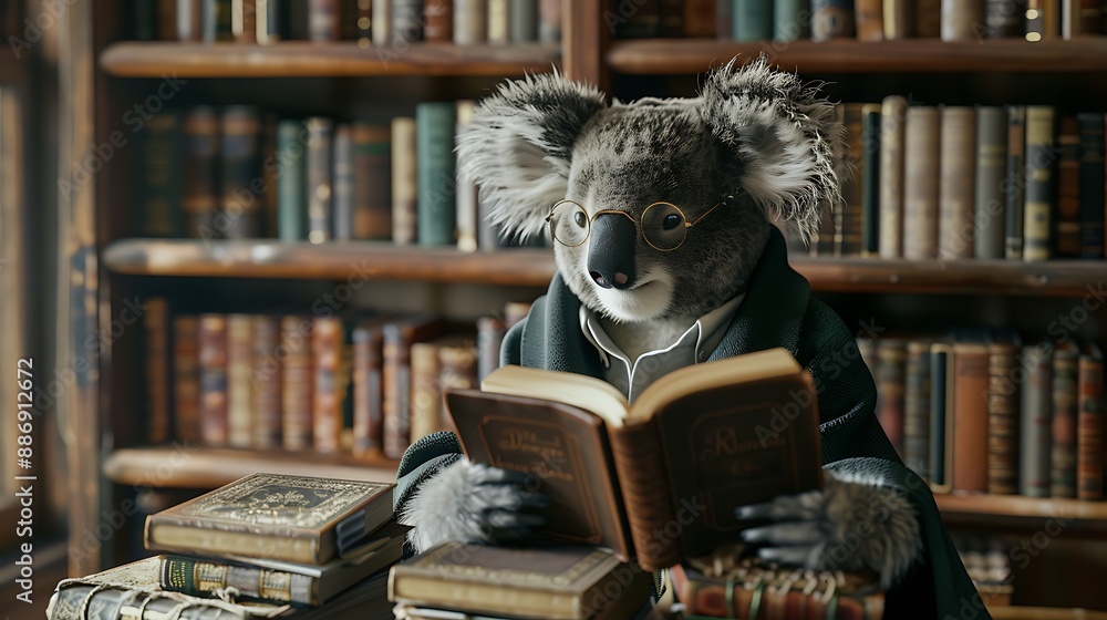 koala dressed as a librarian, organizing books on a shelf, wearing glasses and a cardigan, detailed fur and clothing textures, library setting koala dressed as a librarian, organizing books on a shelf, wearing glasses and a cardigan, detailed fur and clothing textures, library setting