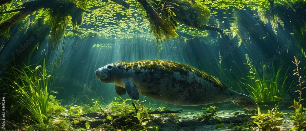 Fototapeta premium Serene Amazonian Manatee Grazing in Clear River with Aquatic Plants