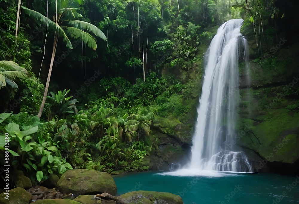 A cascading waterfall in a tropical rainforest, surrounded by lush greenery and exotic plants. A cascading waterfall in a tropical rainforest, surrounded by lush greenery and exotic plants.
