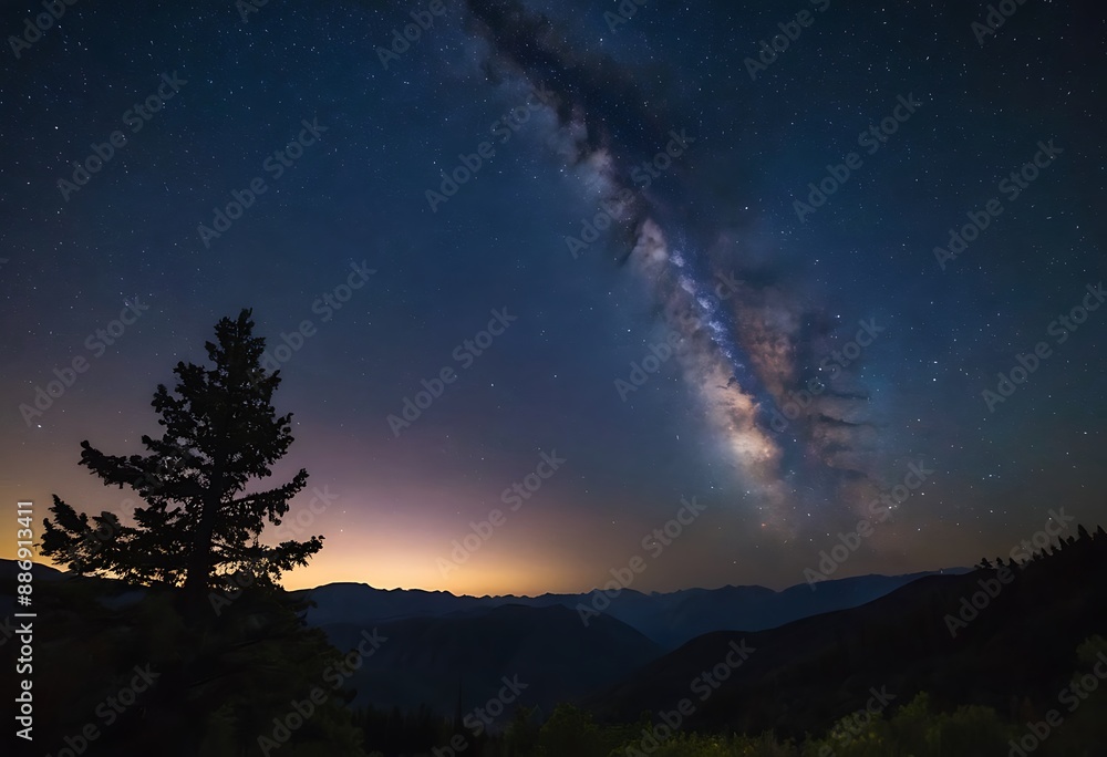 A clear night sky filled with stars, with the Milky Way visible, above a silhouette of mountains or trees. A clear night sky filled with stars, with the Milky Way visible, above a silhouette of mountains or trees.
