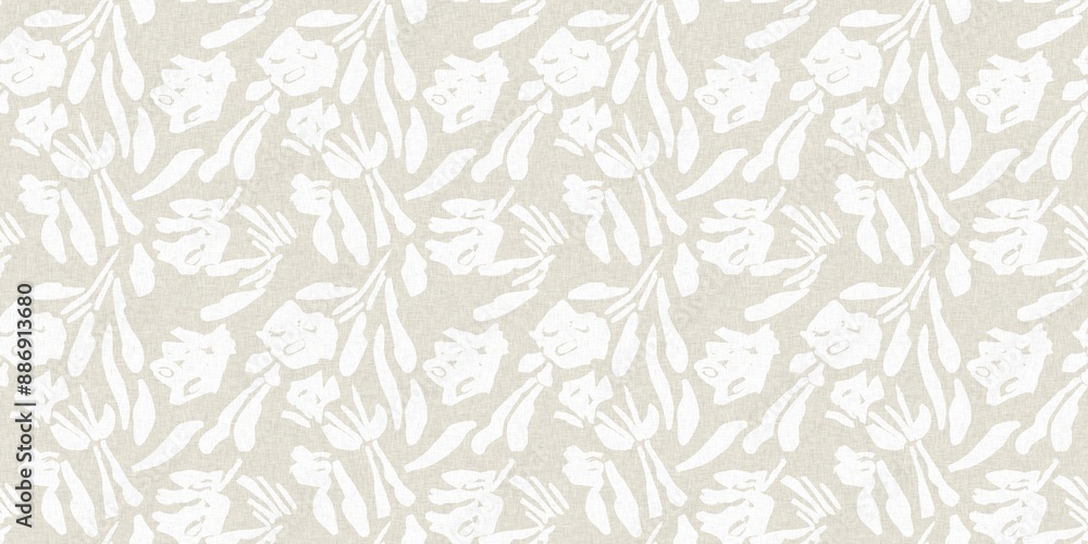 Fototapeta premium Seamless french gender neutral floral linen printed fabric border background. Light mottled white on grey cottage core block print pattern. Shabby chic woven duotone cloth effect.