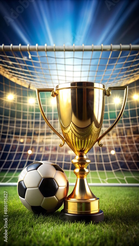 Golden trophy cup, Gold Winners sports cup with soccer ball, football field background, Football Design trophy.