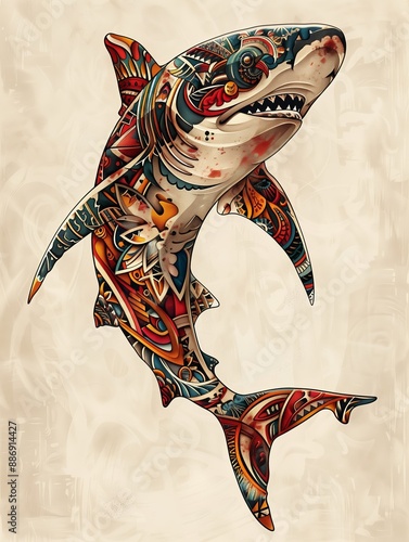 Swedish shark underwater, monstruous, insanely detailed and intricate, zentangle fractal hyper maximalist, samoan tattoo, line draw, super detailed, dynamic pose, colored photo