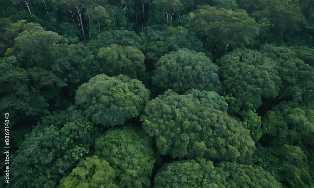A high-angle view of a dense rainforest canopy, with layers of green and a sense of depth. A high-angle view of a dense rainforest canopy, with layers of green and a sense of depth.