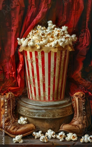 Popcorn bucket surrounded by tap dance shoes, energetic theatre, showbiz snacks