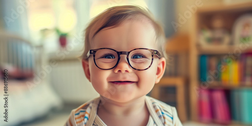 Portrait little happy baby child wearing glasses in brightly room