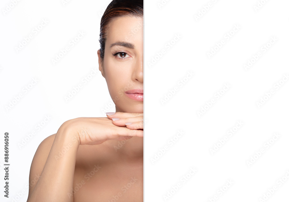 Beautiful natural 50's woman posing for a skincare advertisement. Beauty and skincare concept with blank copy space. Beautiful natural 50's woman posing for a skincare advertisement. Beauty and skincare concept with blank copy space.