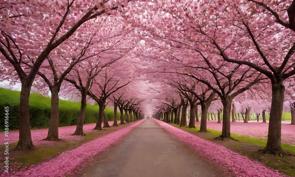 Cherry blossom trees in full bloom, with pink petals creating a dreamy atmosphere. Cherry blossom trees in full bloom, with pink petals creating a dreamy atmosphere.