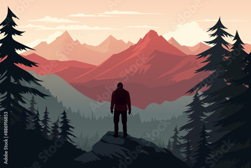 Hiking. A man with a backpack stands on a rock among the forest against the backdrop of a mountain landscape. Climbing and tourism vector illustration.