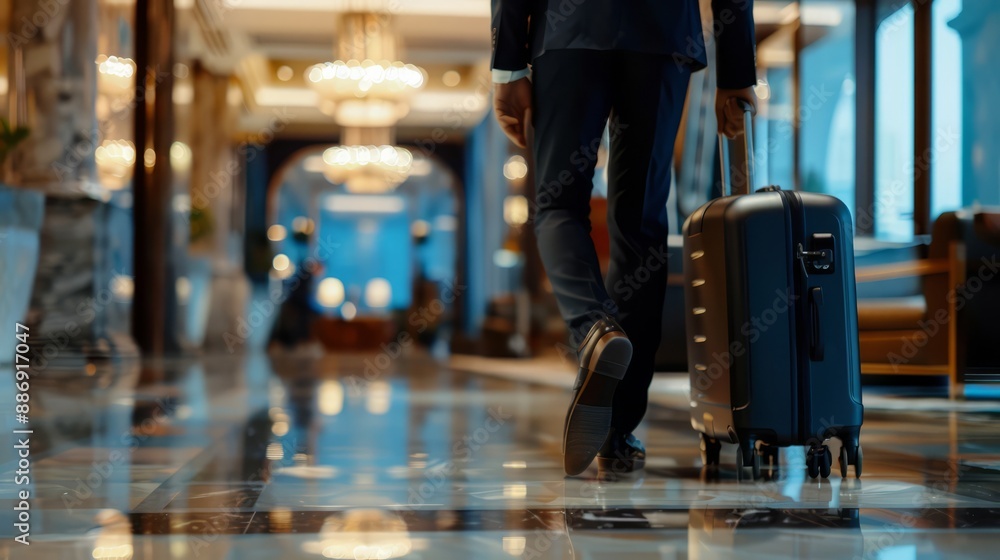 Fototapeta premium Businessman Arriving at Luxury Hotel: A sophisticated businessman confidently walks through a grand hotel lobby, his luggage in tow, exuding an air of success and readiness for a business trip.