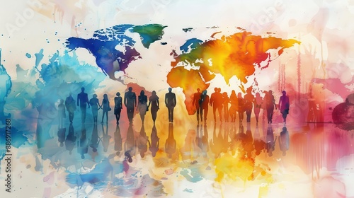 Fototapeta Naklejka Na Ścianę i Meble -  Abstract watercolor world map with silhouettes of people, representing global unity and diversity.