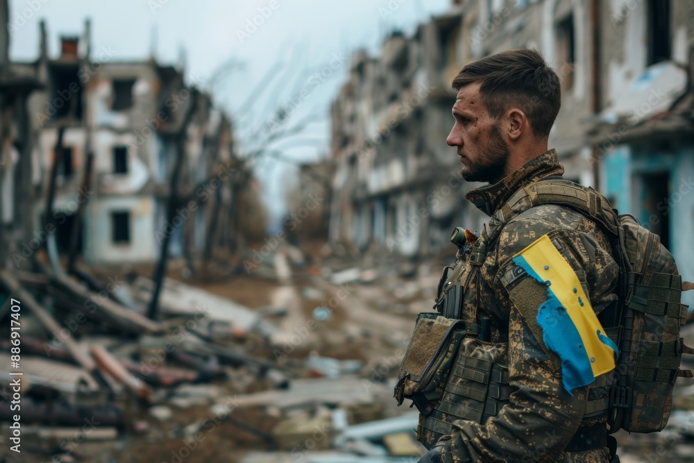 A soldier stands in a war-torn area with destroyed buildings around ...