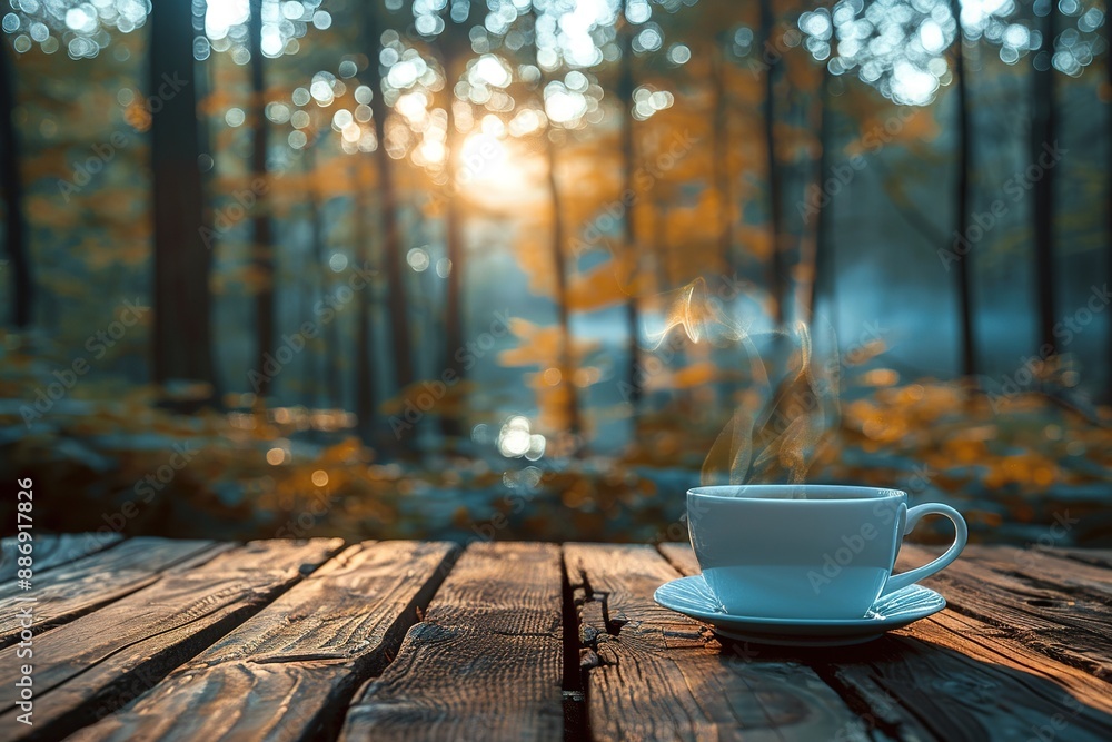 Glass cup of tea on wooden table and blurred nature background Glass cup of tea on wooden table and blurred nature background