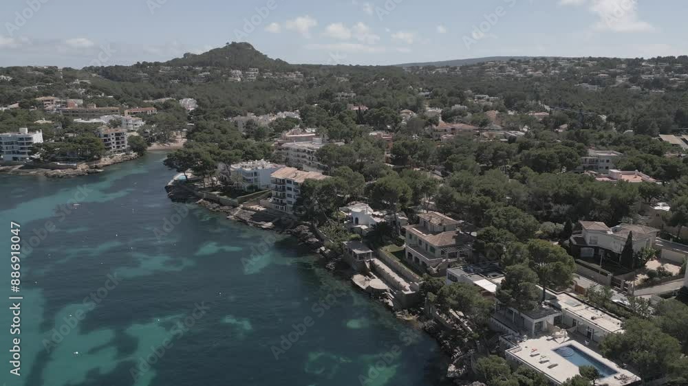 Aerial view of rocky shoreline, turquoise sea and Santa Ponsa, Majorca, Balearic Islands, Spain, Mediterranean, Europe Aerial view of rocky shoreline, turquoise sea and Santa Ponsa, Majorca, Balearic Islands, Spain, Mediterranean, Europe