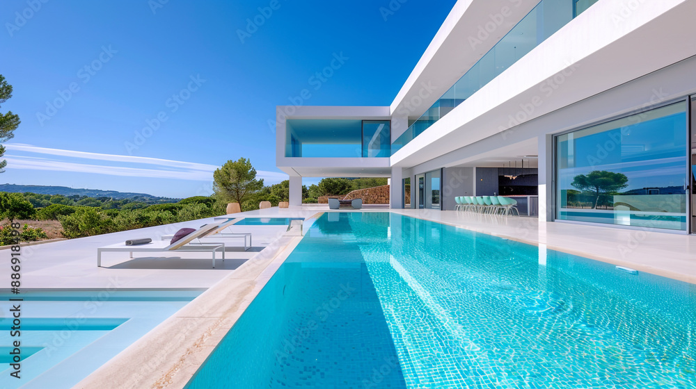 Modern villa with expansive windows and a pristine pool area. Modern villa with expansive windows and a pristine pool area.