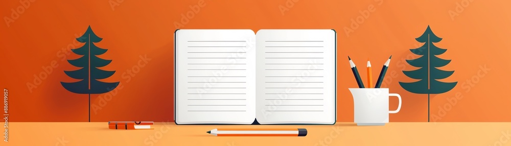 Educational tools, open notebooks with pencils and erasers, flat design illustration Educational tools, open notebooks with pencils and erasers, flat design illustration
